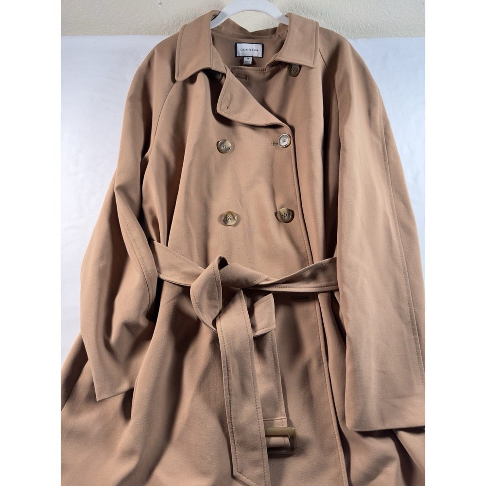 Charter Club Trench Coat Women 16 Camel Tan Double Breasted Belted Classic Lined
